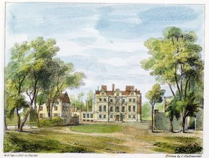 Etelärintama, Old Palace, Kew Gardens, levy 2 teoksesta "Kew Gardens: A Series of Twenty-Four Drawings on Stone", kaiverrettu Charles Hullmandel (1789-1850), julkaistu 1820 (käsinvärinen litho)